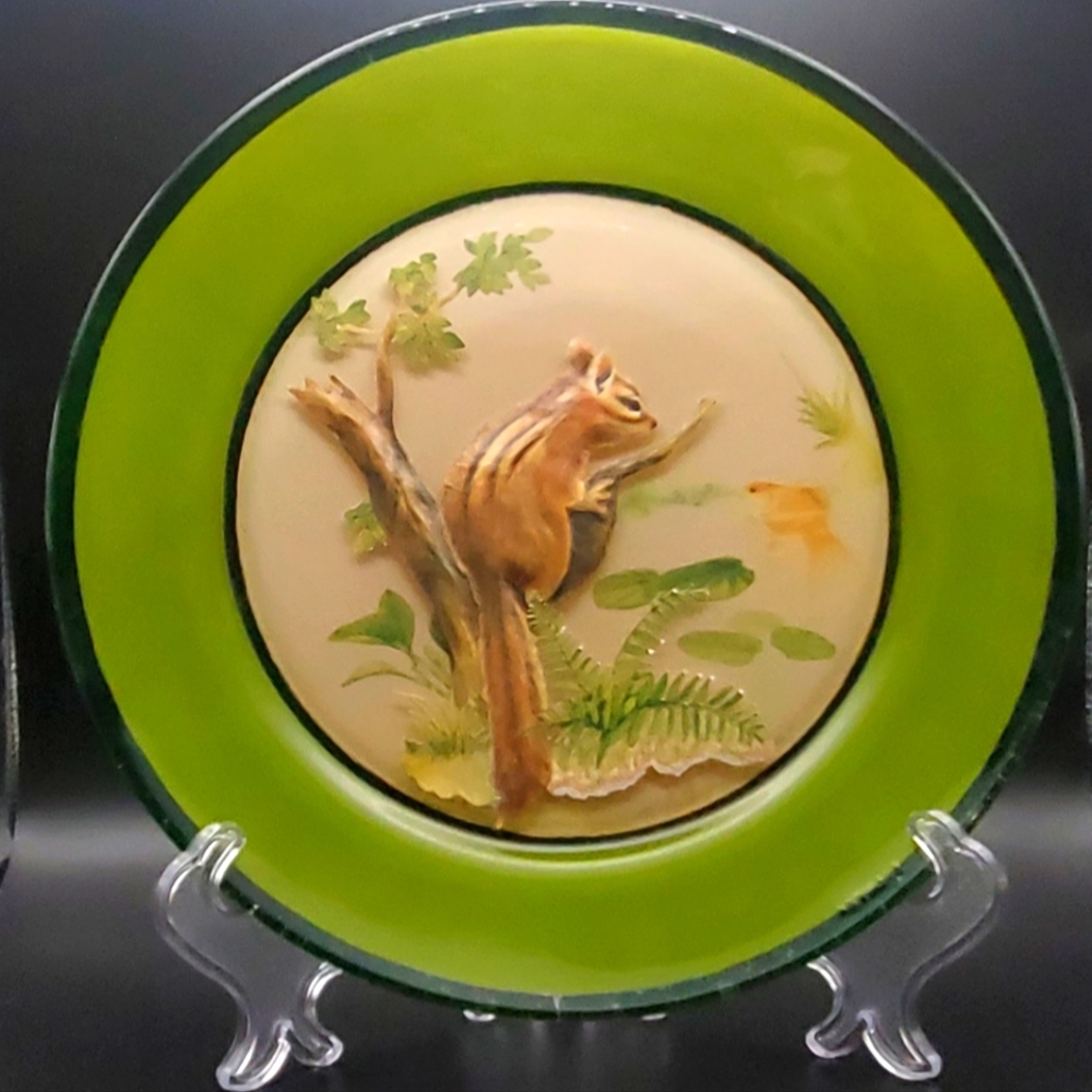 Unique 3D Glass Art on a Plate Cute Chipmunk in Nature Scene Artist Signed 7.5"